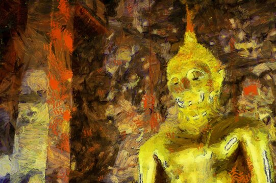 Golden ancient buddha Illustrations creates an impressionist style of painting.
