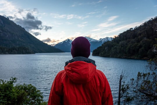 Back view of an alone hiker on a mountain landscape