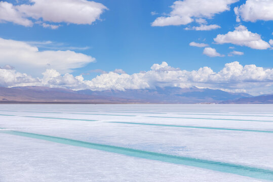 Water pools on a salt flat