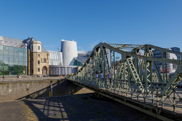 Outdoor sunny view of Drehbrücke and Cologne Chocolate Museum in Düsseldorf, Germany