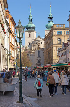 PRAGUE, CZECH REPUBLIC - OCTOBER 16, 2018: The market and the Kostel svat&eacute;ho Havla church.