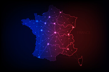 France map polygonal with glowing lights and line