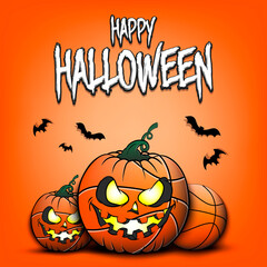 Happy Halloween. Template basketball design. Basketball balls in the form of a pumpkins on an isolated background. Pattern for banner, poster, greeting card, party invitation. Vector illustration