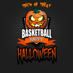 Happy Halloween. Template basketball design. Logo basketball ball in the form of a pumpkin on an isolated background. Pattern for banner, poster, greeting card, party invitation. Vector illustration