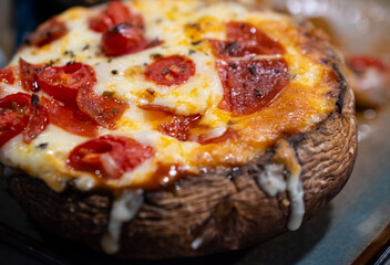 Closeup of a Cheesy Portobello Pizza
