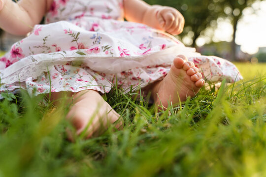 Close up on feet of unknown caucasian baby girl while sitting in grass in summer or autumn day