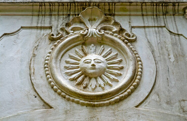Decorative sun on ancient arch, Rio de Janeiro, Brazil