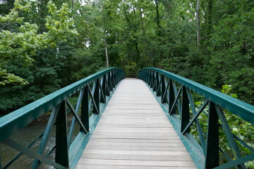 Fototapeta na wymiar Wooden footpath bridge with metal handrails crossing creek through forest perspective