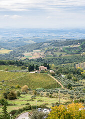 Fototapeta na wymiar Top view of the Chianti valley in autumn from the town Castellina Di Chianti, Tuscany, Italy