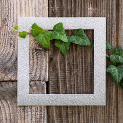 Rhinestones Sequin Frame Design on old wood wall with climber ivy plant