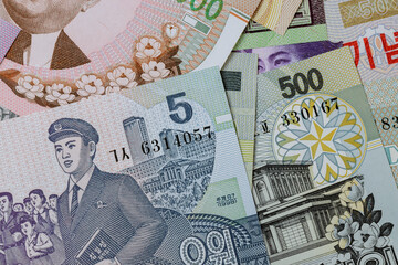 North Korean of various banknotes money won currency