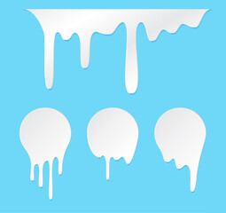 Melt drip stickers or circle milk labels. Vector liquid drops icons for graffiti blob stickers. White liquid or melted chocolate drips, milk, current paint.