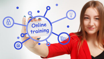 Business, Technology, Internet and network concept. Young businessman working on a virtual screen of the future and sees the inscription: Online training