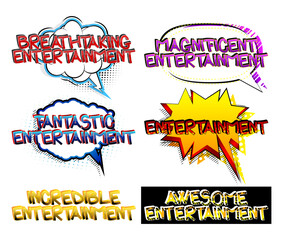 Entertainment Comic book style cartoon words on abstract comics background.Entertainment Comic book style cartoon words on abstract comics background.