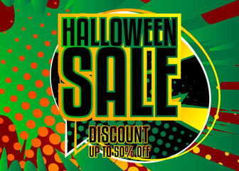 Comic book Halloween sale social media post design. Cartoon colored holiday poster template. Vector comics premium backdrop illustration.