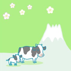 かわいい牛の親子と富士山と梅の年賀はがき