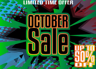 Comic book Halloween sale social media post design. Cartoon colored holiday poster template. Vector comics premium backdrop illustration.