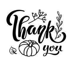 Thanksgiving set. Linear black and white doodle sketch. Pumpkin leaf berries twig lettering. Hand drawn fall design elements for banner, flyer, brochure, card, poster. Autumn nature illustration.
