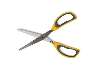 Kitchen scissors with black and yellow handles isolated on a white background.