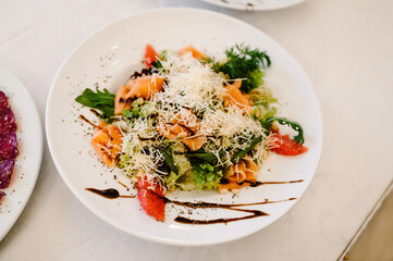 Salad. Food. Festive table with dishes. Dish. Top view.