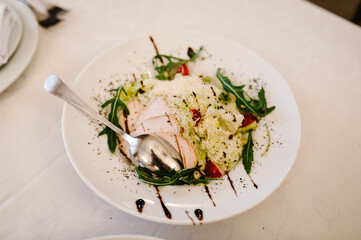 Salad. Food. Festive table with dishes. Dish. Top view.
