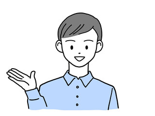 右手をあげて笑顔で案内する若い男性