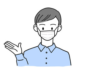 右手をあげて笑顔で案内するマスク姿の若い男性