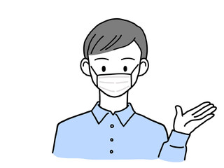 左手をあげて笑顔で案内するマスク姿の若い男性