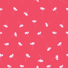 Floral seamless pattern with cosmos flower. White small flowers on coral background design.