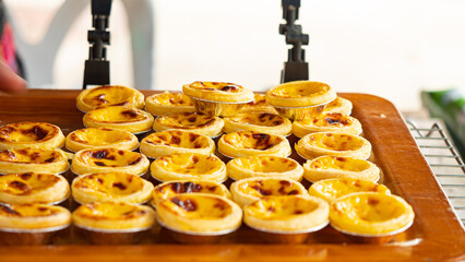 Egg tarts, arranged in many rows.