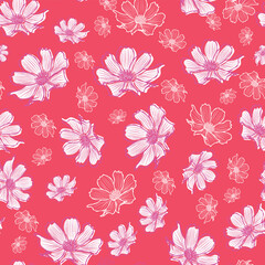 Floral seamless pattern with cosmos flower. White flowers with outlines on coral background design.