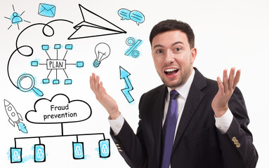 Business, technology, internet and network concept. Young businessman thinks over the steps for...
