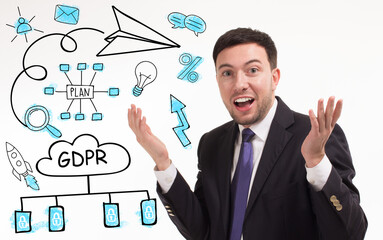 Business, technology, internet and network concept. Young businessman thinks over the steps for successful growth: GDPR