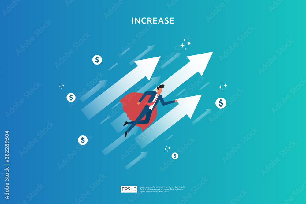 Wall mural salary rate increase with growth up arrow and people character. business profit grow or income margi