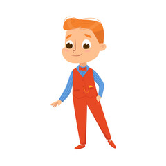 Little Boy in Red Elegant Suit, Cute Boy Wearing Holiday Clothes Cartoon Style Vector Illustration