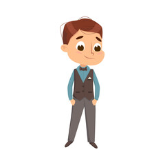 Little Boy in Elegant Suit, Cute Boy Wearing Dress up Clothes Cartoon Style Vector Illustration
