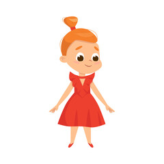 Beautiful Redhead Little Girl in Elegant Red Dress, Cute Kid Wearing Nice Clothes Cartoon Style Vector Illustration