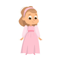Beautiful Little Girl in Elegant Pink Dress, Cute Kid Wearing Retro Nice Clothes Cartoon Style Vector Illustration