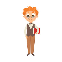 Cute Intelligent Boy in Elegant Clothes Standing with Book, Education and Knowledge Concept Cartoon Style Vector Illustration
