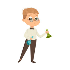 Cute Intelligent Boy Experimenting with mixing Chemicals, Education and Knowledge Concept Cartoon Style Vector Illustration
