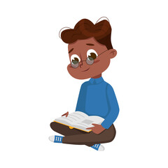 Little Intelligent African American Boy Sitting on Floor and Reading Book, Education and Knowledge Concept Cartoon Style Vector Illustration