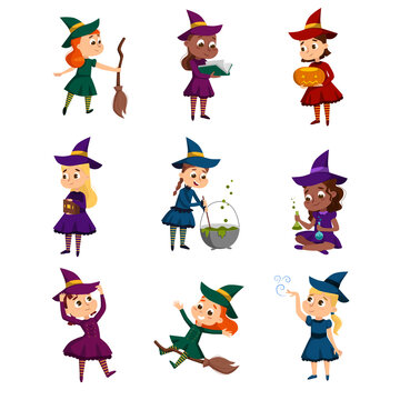 Little Witches Set, Cute Girls Wearing Dress and Hat Practicing Witchcraft Cartoon Style Vector Illustration