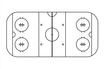 Ice hockey field scheme. View from above. Black and white illustration isolated on white background. Vector outline