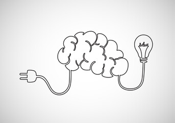 Continuous line vector illustration of Brain and plug with light bulb on white background, Icon or Emblem trendy linear style.