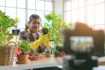 Happy senior lifestyle and technology making vlog and smiling on camera.