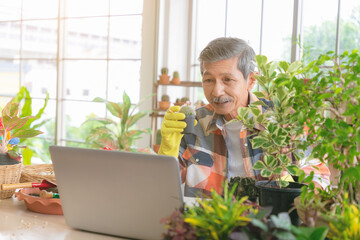 Happy senior lifestyle and technology making video and smiling on labtop.