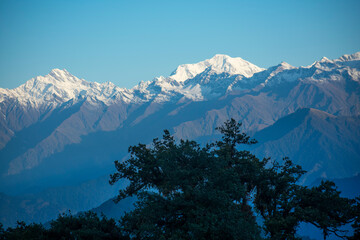 view of kedarnath peak and other peaks from chopta valley of uttarakhand in a october morning