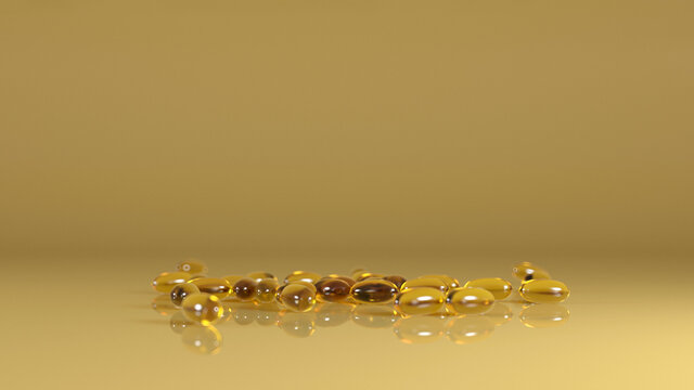 Vitamin pills placed on the ground, area above pills for adding text, 3d render