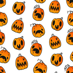 Vector seamless pattern with emotional pumpkins. Background for Halloween. Packaging and fabric design. - 382292706
