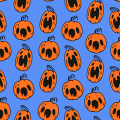 Vector seamless pattern with emotional pumpkins. Background for Halloween. Packaging and fabric design. - 382292715